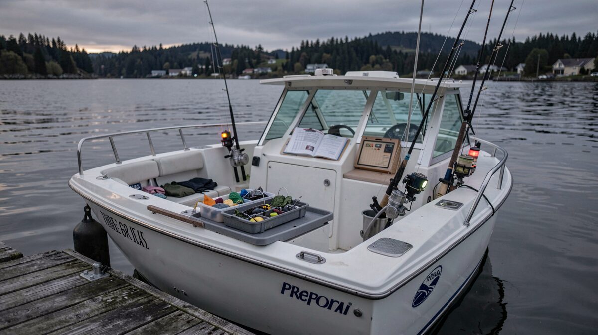 A white salmon boat at a dock in Prince Rupert at first light, downriggers mounted on the stern, flashers and hootchies laid out on a tackle tray, a tide book open on the console, low grey light and calm water.